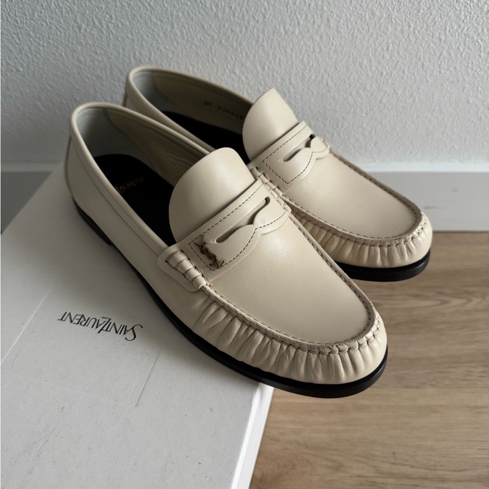 Saint Laurent Cream Leather Penny Loafers - Women's Flats - Picture 2 of 6